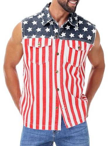 AOBUTE Mens American Flag Denim Vest Sleeveless 4th of July Jean Jacket