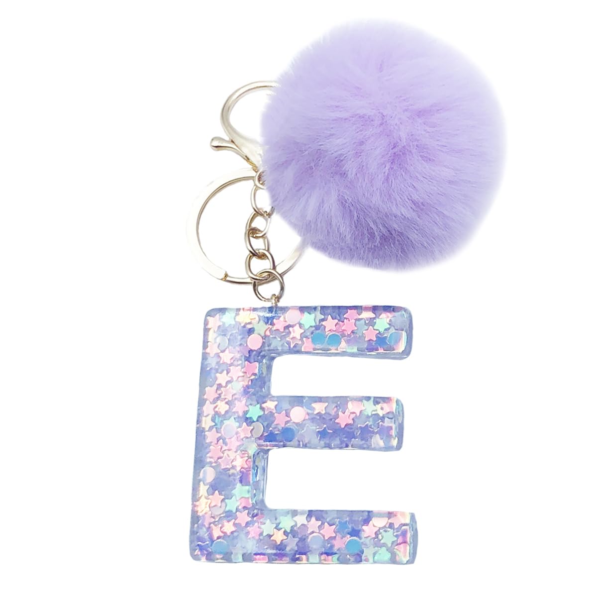 Xsclpomddy Frauen Alphabet Buchstaben Schlüsselanhänger Niedlich Schlüsselanhänger Glitzer mit Pom Pom Quasten Harz Keychain Violett für Tasche Charme