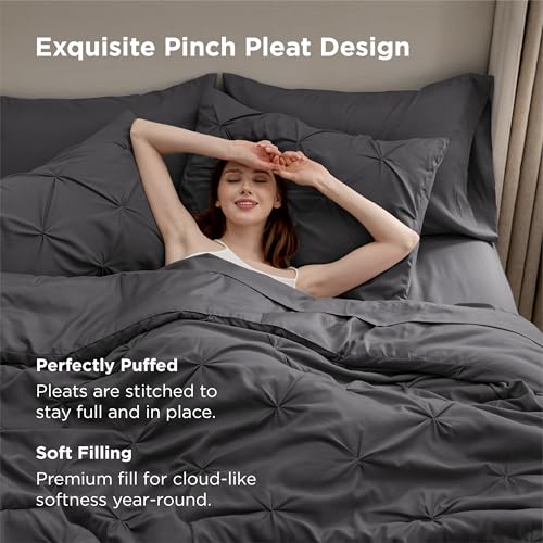 Image of Bedsure Queen Comforter Set Dark Grey - Bed in a Bag Queen Size Bedding 7 Pieces, GentleSoft Pintuck Bed Set Gift for Family, All Season Down Alternative Comforter with Sheets, Pillowcases & Shams