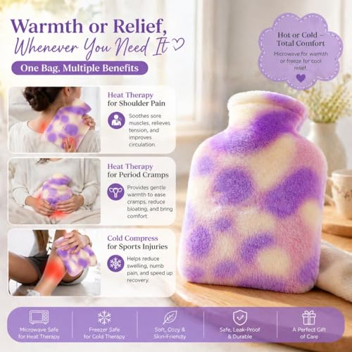 Image of Hot Water Bag with Soft Plush Cover 1000ml Medical Grade Silicone Hot Water Bottle for Period Cramps, Back Pain Relief, Hot & Cold Therapy, Muscle Aches & Full Body Relaxation Heating Pad (Lavender)