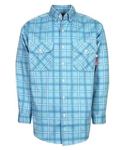 Image of KONRECO FR Shirts 6.5oz 100% Cotton Button Down Plaid Fire Resistant Work Shirts Flame Retardant Crystal Blue Welding Shirt