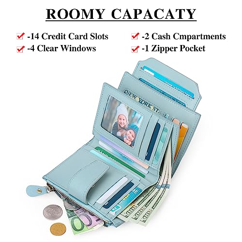 Image of GOIACII RFID Secure Wallet for Women Small Card Holder Leather Blue | Trifold Billfold, Cross Grain Leather, Compact Size, 4 ID Windows, 12 Card Slots, 1 Zipper Coin Pocket, Minimalist