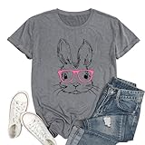 Women Funny Bunny Print T Shirt for Happy Easter Day Cute Grapic Easter Egg Blouse Tops Tee(FHJ-Grey31,Large)