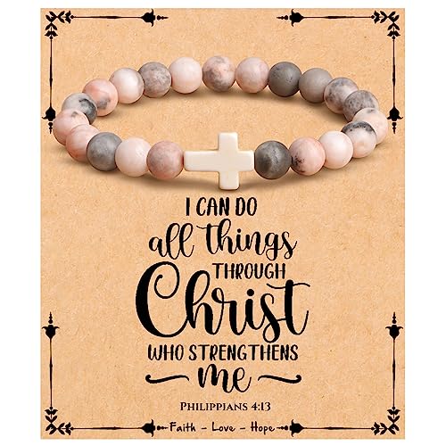 JoycuFF Religious Gifts for Women, Christian Cross Bracelet Catholic Religious Jewelry for Daughter Granddaughter Meaningful Faith Pink Zebra Jasper Jewelry