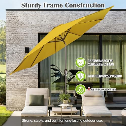 Image of Blissun 10FT Patio Umbrella, Outdoor Table Umbrella, Yard Umbrella, Market Umbrella with 8 Sturdy Ribs, Push Button Tilt and Crank, Yellow