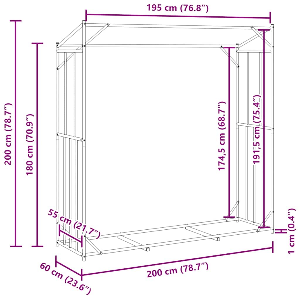 vidaXL Leñero con Protector de Lluvia 200x60x200 cm Acero galvanizado, Almacenamiento de leña, Soporte para leña para Chimenea, Almacenamiento de leña para Interior