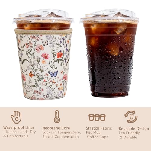 Image of Reusable Insulated Sleeve for Iced Coffee Cup, 3-Pack Coffee Neoprene Drink Sleeve for Cold & Hot Drinks, Beverage Holder for Iced Coffee (Floral Butterflies)