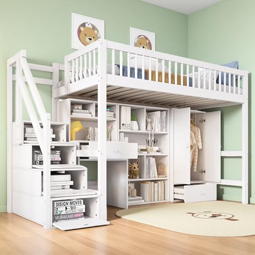 Sapgaks Lit superposé Enfant 90x200 avec casiers Armoire,lit Mezzanine avec Bureau et escalier,lit Enfant avec Barriere,superposé 2 Places,Bois Massif + MDF,Blanc