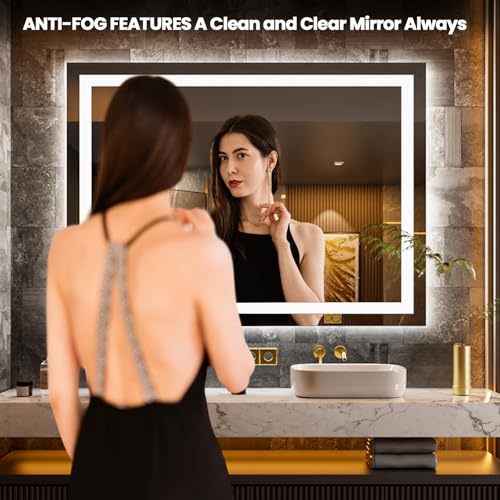 Image of LOAAO 58 inchx40 inch LED Bathroom Mirror with Lights, Anti-Fog, Dimmable, Backlit + Front Lit, Lighted Bathroom Vanity Mirror for Wall, Memory Function