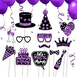 36 PCS Birthday Photo Booth Props Party Supplies Holiday Picture Decorations Photo Booth Props for Birthday Party Favors Pose Sign Kit Fun for Party (Purple and Black) - Image 3