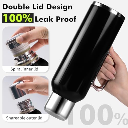 Image of 34 oz Black Insulated Water Bottle, Vacuum Stainless Steel Water Flask Jug with Handle & Metal Mechanical Temperature Measuring Cup Lid, Leakproof Travel Bottle Keep Cold 36h Hot 24h