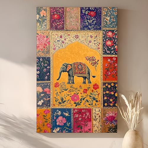 Image of PAINTINGMANTRA Abstract Stretched Canvas Multicolor Wall Art Painting Elephant Madhubani Beautiful Wall Decor in Yellow, Beige and Multicolor for Living Room, Bedroom, Office - 22x34 Inch