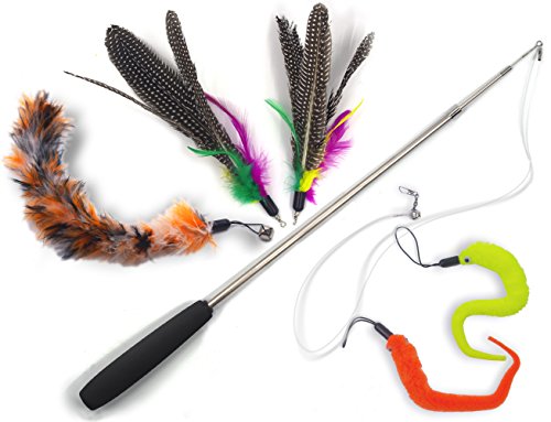 Cat Toys Wand Retractable Interactive Feather Teaser Cat Toy with Bell, 5pcs Refills