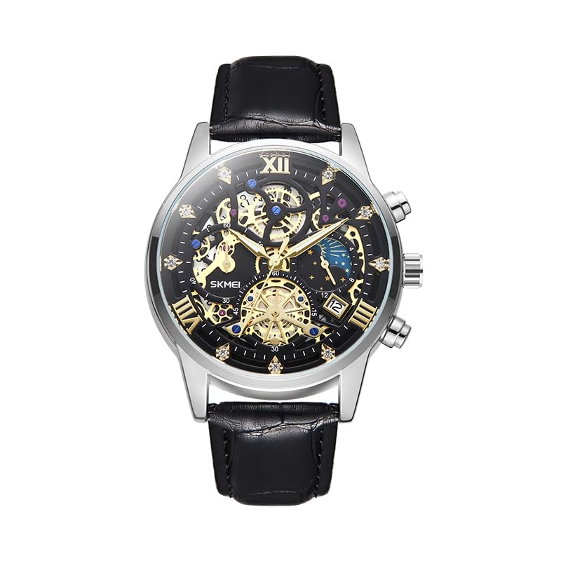 SKMEIMens Watches, Upgraded Gear Design Mens Skeleton Watch, Chronograph Luxury Diamond Dress Business Analog Quartz Wrist Watches for Men, 100fts Waterproof Luminous Moon Phase, Unique Gift for Mens