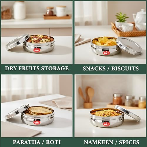 Image of Unify Stainless Steel Belly Dabba Set of 3 | 880ml, 600ml, 400ml Multipurpose Kitchen Storage Containers | Food-Grade, Rust-Proof Steel Canisters with Tight-Fit Lids for Snacks & Daily Use