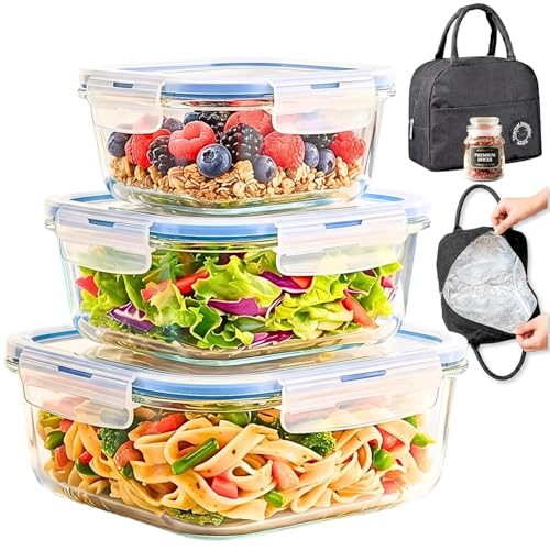 Image of ALTITUDE Borosilicate Glass Food Storage Containers Set of 3 with Airtight Locking Lids, 340ml 500ml 820ml, Insulated Lunch Bag & 120ml Glass Jar, Microwave Oven Freezer Safe