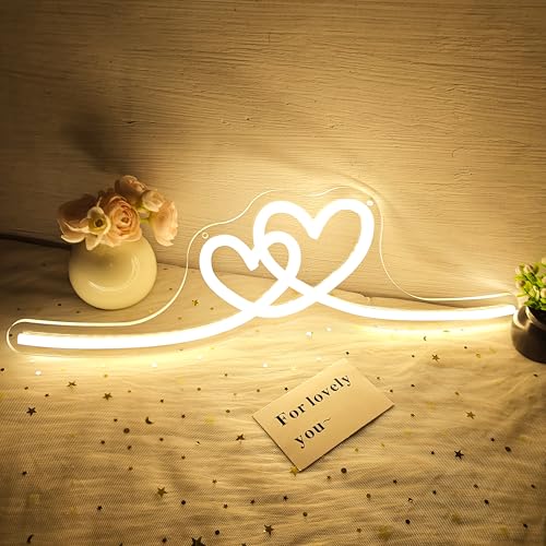 Image of Double Heart Neon Signs for Wall Decor Twin Hearts Led Sign Dimmable Warm White Neon Heart Sign Love Decorations for Girls Minimalist Bedroom(16.3 inchx 4.33 inch)