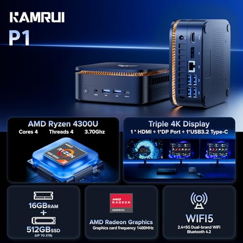KAMRUI Pinova P1 Mini PC W-11 Pro,Mini PC AMD Ryzen 4300U(Up to 3.7 GHz,Βeats 3300U/N150/N95),16GB RAM 512GB M.2 SSD Mini Computer,Triple 4K@60Hz Display/USB 3.2/Type-C/HDMI/WiFi/BT Home Office - Image 3