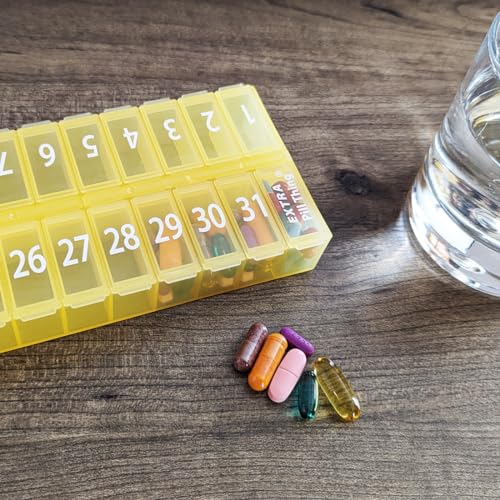 Image of Once-a Day Monthly Pill Organizer Removable Lid for Easy Loading - Large Compartment Pill Box Medications for Entire Month Plus a Compartment for Extra Pills BPA Free (Pack of 2)