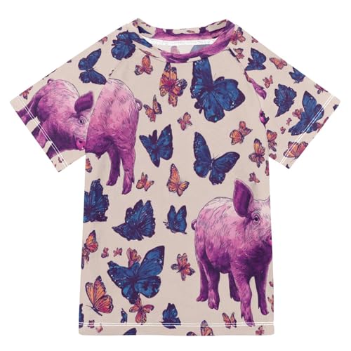 Boys Short Sleeve T-Shirts Butterfly Farm Pigs Rashguard Kids Swim Shirts Sun UPF 50+