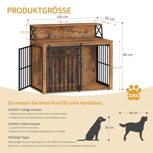 Hzuaneri Hundekäfig Möbel mit Lagerregal, Dreitürige Hundebox für Zuhause, Indoor Kennel mit Scheunentür, Beistelltisch, Geeignet für Mittlere/Große Hunde, 100 x 60 x 86 cm, Vintage Braun DFC87401B