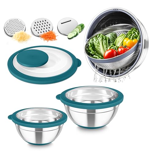 TeamFar Mixing Bowls with Colander Set, Stainless Steel Strainer and Nesting Salad Bowls, with Lids & 3 Graters, Non-Slip Bottom & Visible Lid, Rotatable & Dishwasher Safe, 4.6/3/1.5 QT, Blu