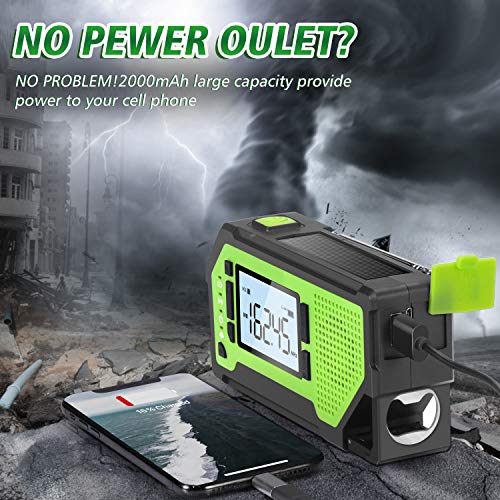 Emergency Solar Hand Crank Radio Am/Fm/Noaa Weather Radio With Large Lcd Display, Portable Survival Radio With Led Flashlight, Earphone Jack, Bottle Opener, 2000Mah For Phone Charger (Geen, 092P) #TOP2