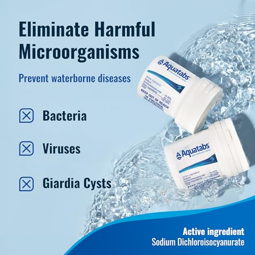 aquatabs water purification tablets for drinking - 100 tablets  2 chlorine test strips - water purifier starter kit - for boat and rv tanks - by aquamarine water solutions