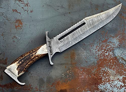 Handmade Damascus Hunting Knife- Bushcraft Full Tang Fixed Blade Hunting Knife With Sheath And Stag Horn Handle - 16'’ Outdoor Knife #TOP3