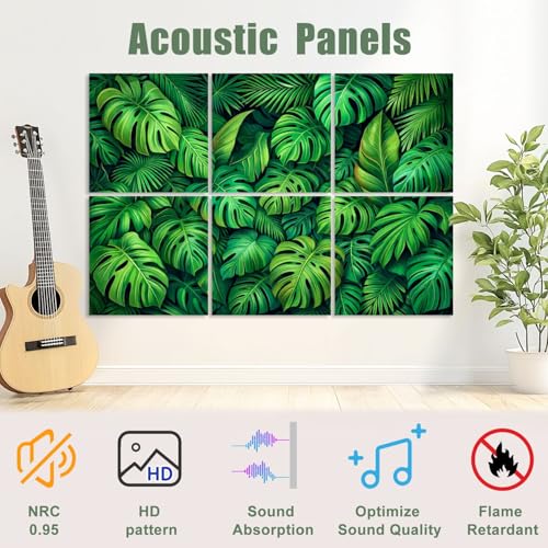 6 paneles acústicos decorativos con hojas tropicales verdes, absorción de sonido, adhesivos para estudios y oficinas, tamaño 72"x48" miniatura 3