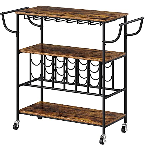 Bar Cart with Wine Rack for 12 Bottles Industrial Bar Cart on Wheels Outdoor 3 Tier Bar Serving Cart with Glass Holder