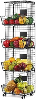 Vegetable Rack,Metal Wire Baskets with Wheels, Stackable Storage Bins Kitchen Cupboard Organiser Shelf,4 Tier Fruit Basket with Chalkboards for Garage, Pantry, Bathroom