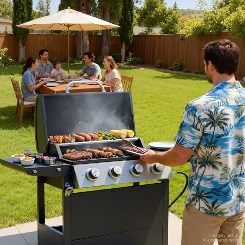 Image of EUHOME 4-Burner Stainless Steel Gas Grill | 34,000 BTU Total Output & 421 sq.in Cooking Area | Powerful Even-Heat System for Large Family BBQs & Backyard Parties