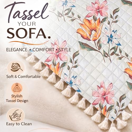 Image of HOKIPO Painterly Floral Quilted Sofa Cover 5 Seater Set - Washable 3+1+1 Sofa Cover Mat with Tassel Design | 'Tassel Twigs' Series (IN-985-T8 + IN-982-T8*2)