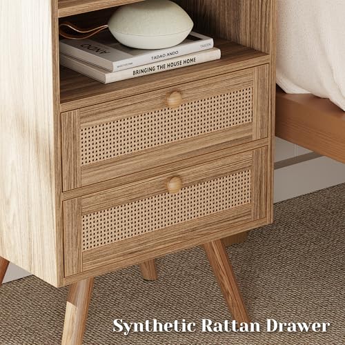 SUPERJARE 2 Drawer Night Stand with Charger Station, Boho Rattan Nightstand Set of 2, 25.2 Inch Tall Bed Side Table with Solid Wood Feet, End Table, Open Storage, Synthetic Rattan, Walnut