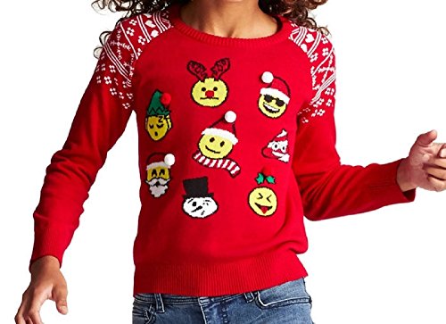 Hybrid Apparel Girls' Emojis Ugly Sweater - Red - Medium (7-8)