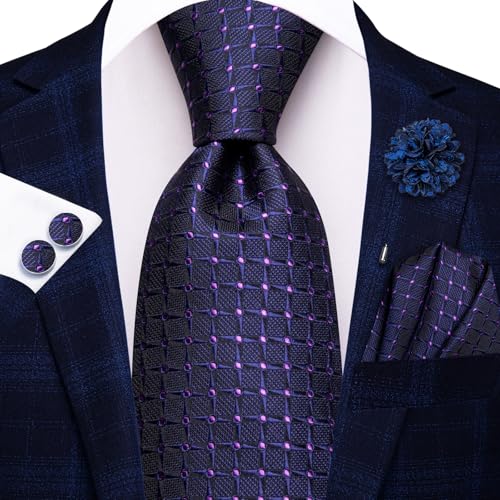 Image of Hi-Tie Men Silk Ties Set with Flower Lapel Pin Necktie Pocket Square Cufflinks for Tuxedo Wedding Business