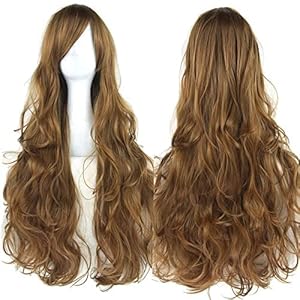 IMISSU Peluca de cosplay de pelo natural rizado largo de 80 cm con flequillo Pelucas de fiesta de disfraces de Halloween coloridas para mujeres (marrón)