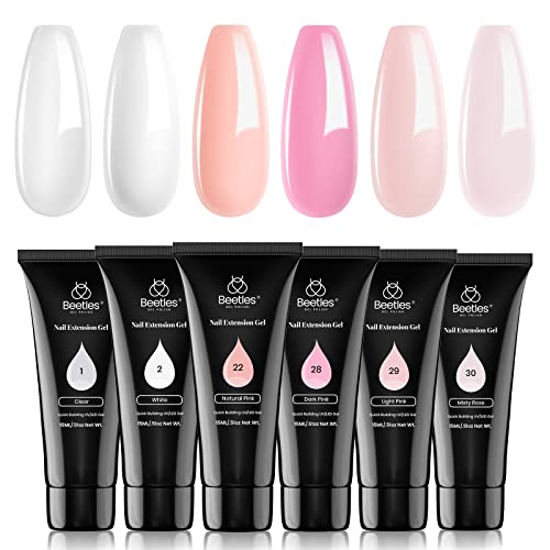 Beetles Poly Nail Extension Gel Kit, 6 Basic Colors Clear White Nail Builder Gel Pink Nude Poly Nail Enhancement French Manicure Kit Trial Nail Art Design Easy DIY Salon Nail At Home Mother's Day Gift for Women