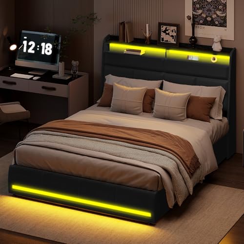 MISNODE Boxspringbett 140 x 200 cm, Doppelbett mit LED-Lichtern, Gepolsterter Bettrahmen aus PU mit Lattenrost, Bett für Erwachsene und Jugendliche, Schwarz (Schwarz-B, 140 x 200 cm) – Bild 8