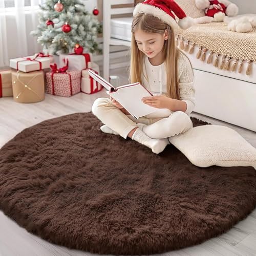 Image of Shaggy Round Area Rug - Soft Plush Circle Solid Color Carpet for Living Room, Bedroom, Kids Room - Fluffy Fuzzy Floor Mat for Home Decor (Coffee, 4x4 feet, Round)