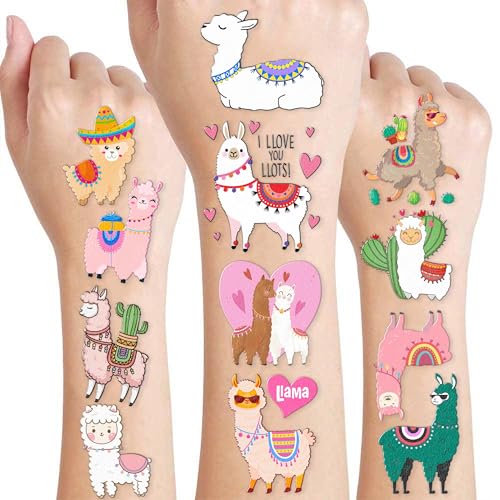 96 PCS Funny Llama Temporary Tattoos Mexican Themed Fiesta Cactus Cinco de Mayo Birthday Party Decorations Supplies Favors Cute Bolivian Peru Alpaca Stickers Gifts For Kids Girls Boys