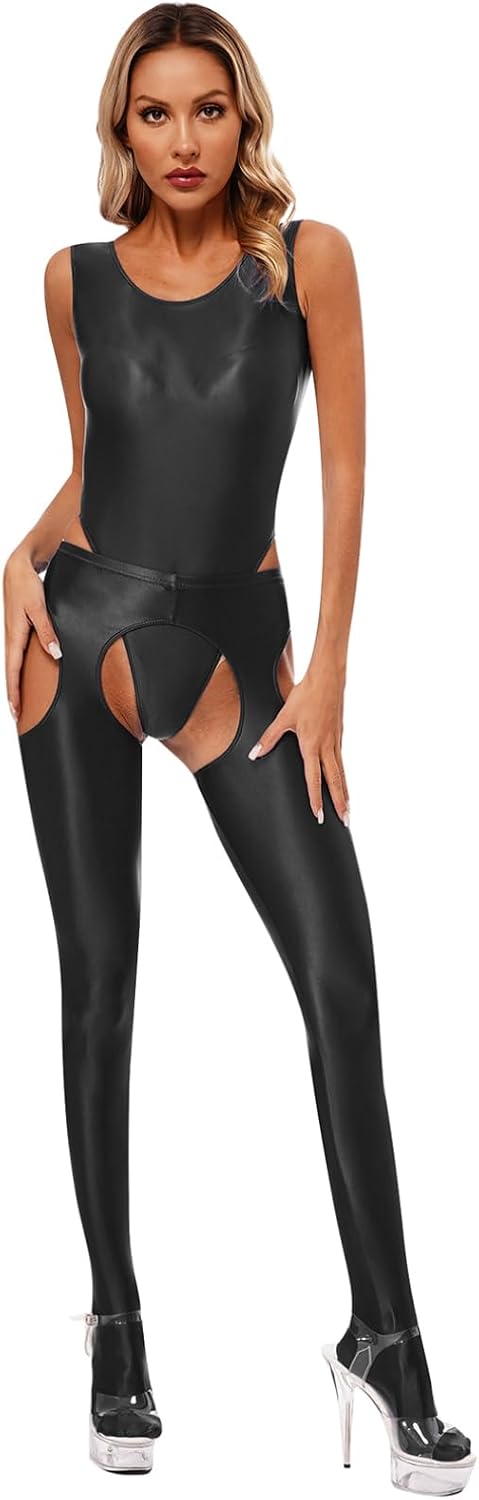 Agoky Women's 2Pcs Outfits Glossy Bodysuit Sleeveless Leotard Bikini Tops Swimsuits with Tights