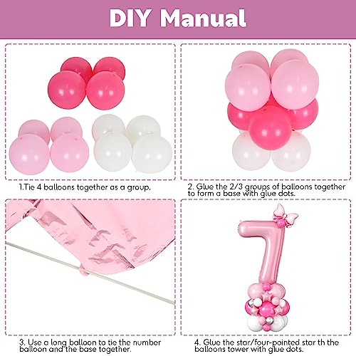 Image of 40 Inch Pink Number 7 Balloon Tower 7th Birthday Decorations for Girls | Large Pastel Baby Hot Pink White Number Seven Foil Balloons Stack Set 7 Years Old Princess Seventh Birthday Party Decorations