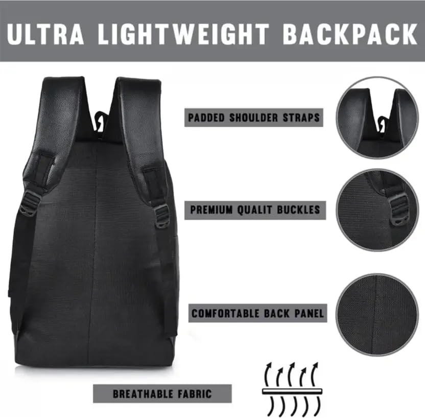 Image of Laptop Backpack for Men & Women | Black Faux Leather Office & Travel Bag 40L | Spacious Laptop Compartment | Front Organizer Pocket | College, Business & Daily Use