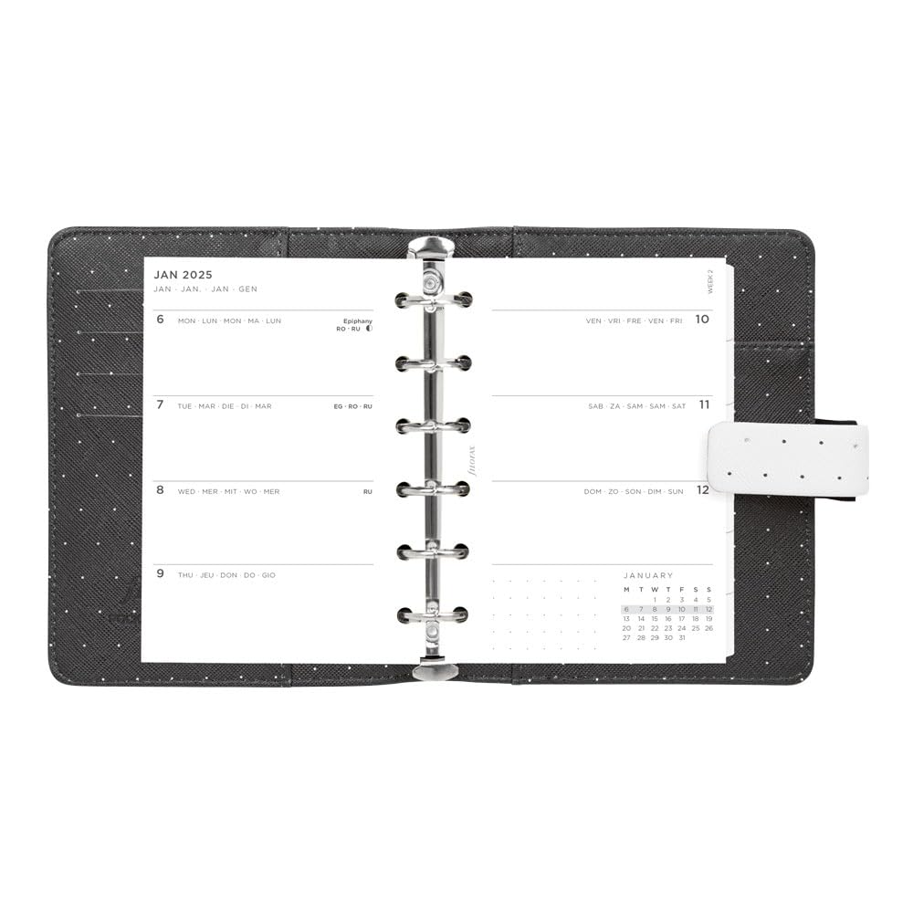 Filofax Moonlight Organizer, agenda tascabile bianca – effetto pelle, dettagli oro, sei anelli, visualizzazione settimanale, calendario 2025 (C022650-25)