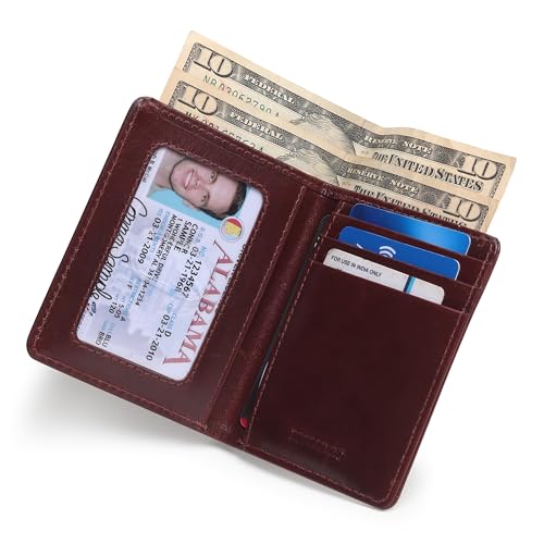 Image of Mens Leather Slim Bifold Wallet with RFID Blocking | Card Holder with Multiple Slots and Cash Pocket | Lightweight Design Men's Purse | Pocket Carry Travel Gifting & Office Use - Cherry