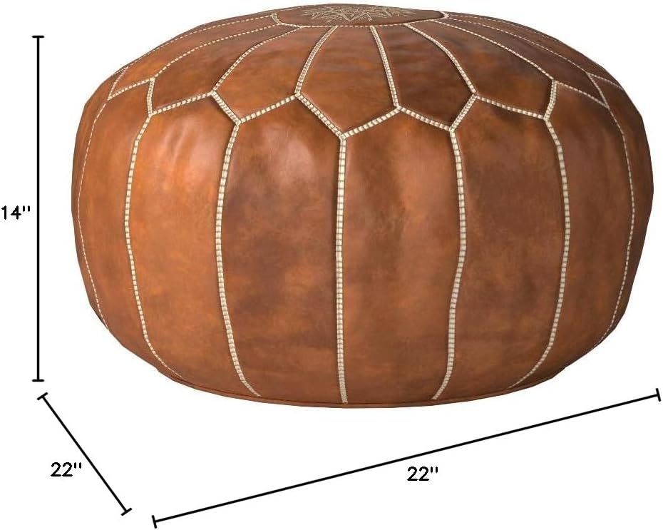 Premium Moroccan Leather Pouf - Handmade - Delivered Stuffed - Ottoman, Footstool, Floor Cushion (Cognac Brown)