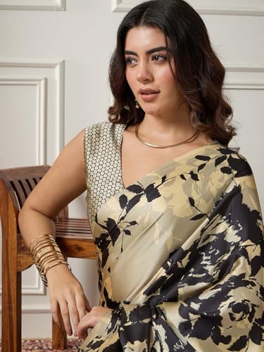 Image of AKHILAM Women's Multicolor Satin Silk Floral Printed Saree With Unstitched Blouse (SATIN1403 RJ11 Parent)
