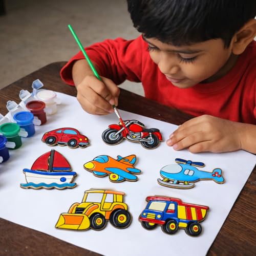 Image of ImagiVibe Paint Your Own 9 Transport Vehicles Fridge Magnet DIY Kit for Kids | Transport Theme MDF Painting Craft Set | Creative Art & Craft Activity | Made in India (Transport)